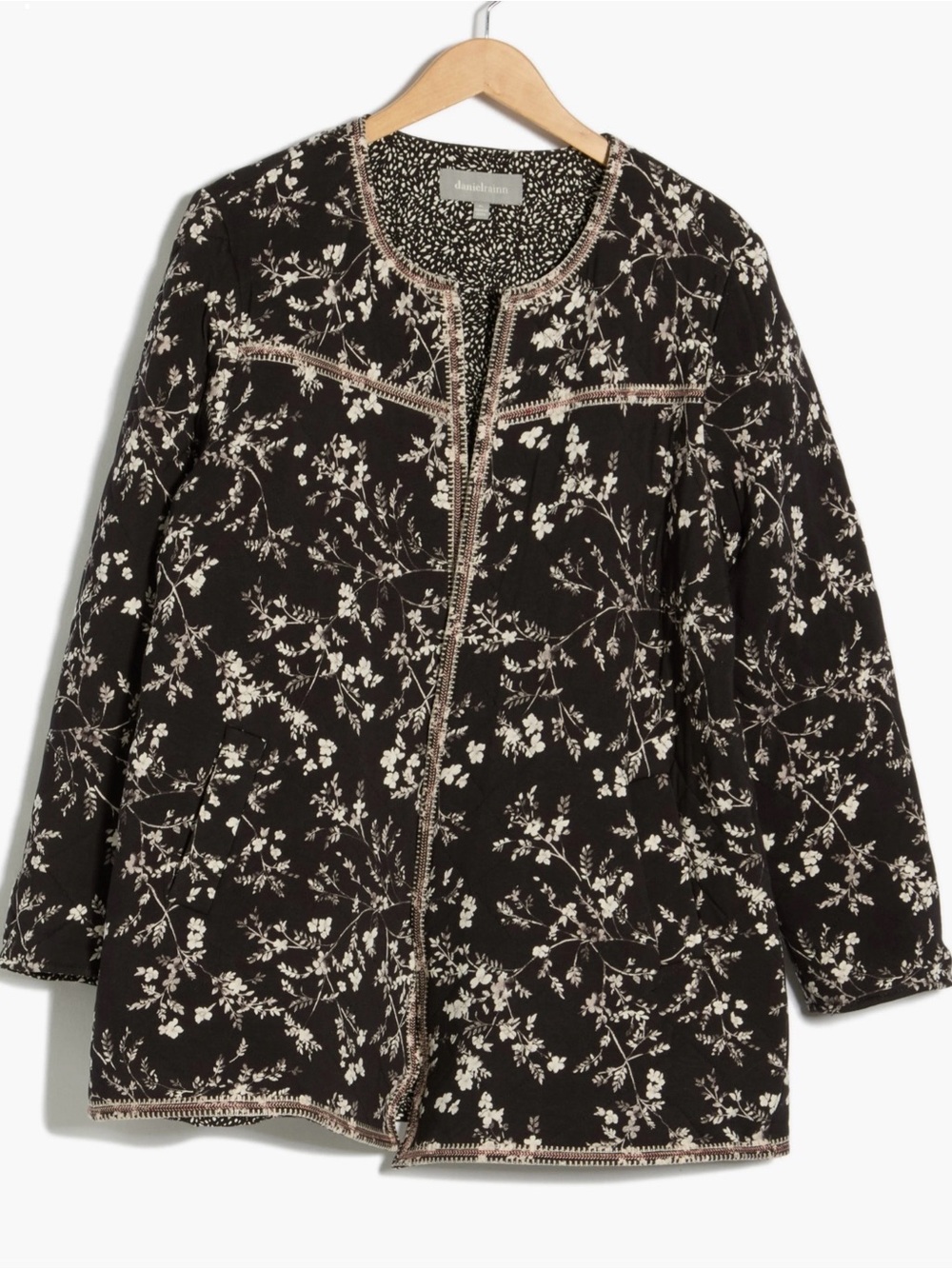 NWT DR2 Daniel Rainn Black Floral Open Front Embroidered Trim Jacket Blazer Sz L
